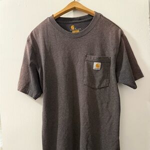 Carhartt Dark Gray Original Fit T-Shirt sun faded pocket stitching coming undone